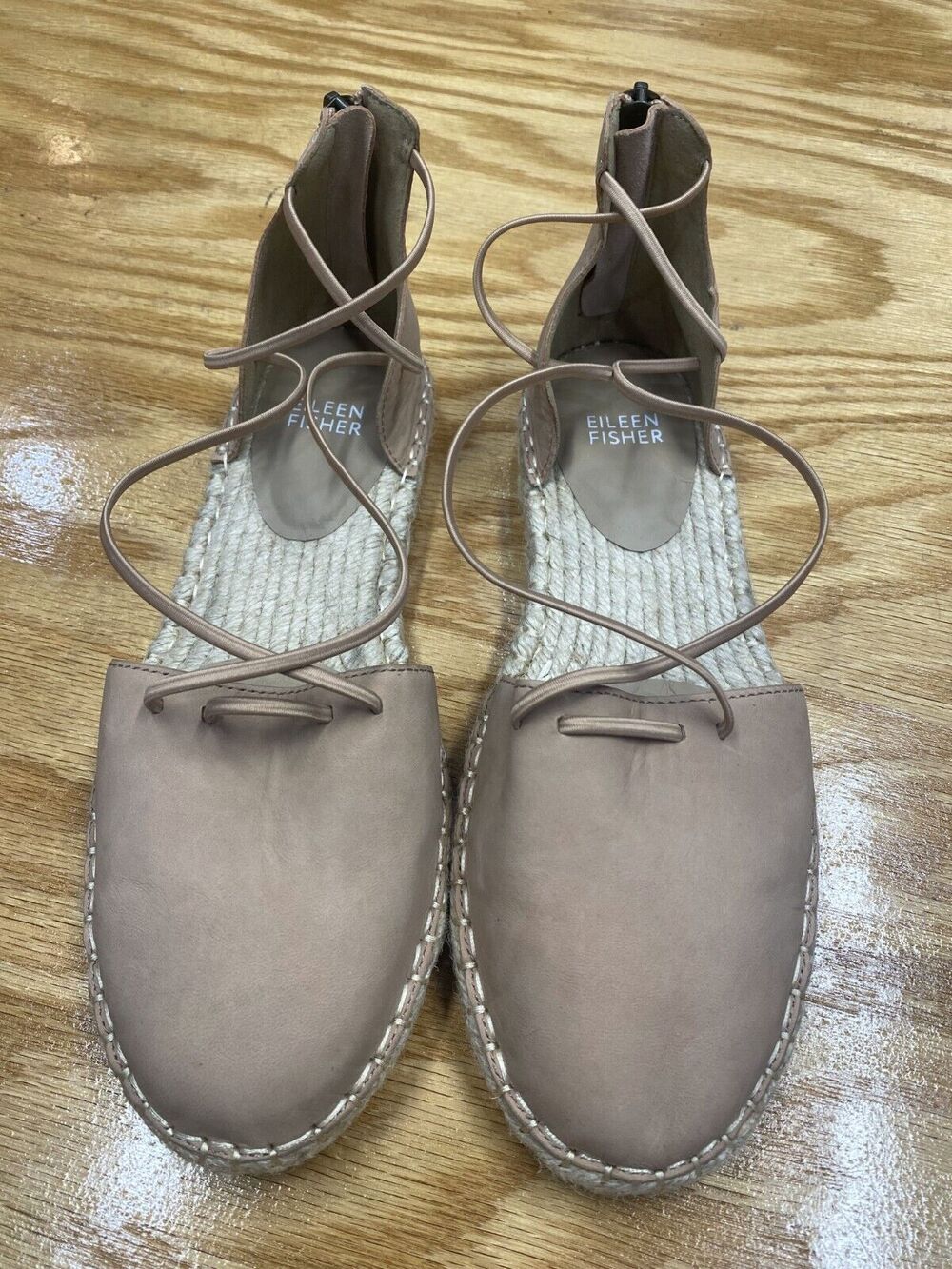 Eileen Fisher Flat Elastic Espadrille Sandals Women 7.5 Beige Leather Lace Up S1